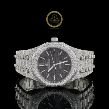 Full Iced Out Round Cut Diamond Octagonal Black Pavé Dial Watch with Double Row Diamond Bezel