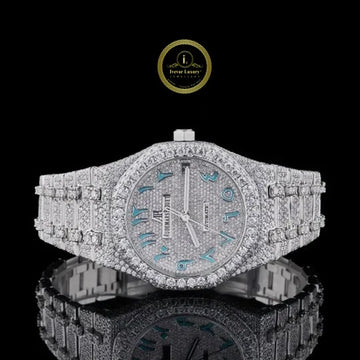 Full Iced Out Round Cut Diamond Octagonal Watch with Blue Arabic Numeral Pavé Dial