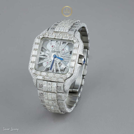 Luxurious Skeleton Diamond Diamond Timepiece with Baguette-Cut Detailing and Transparent Mechanical Design