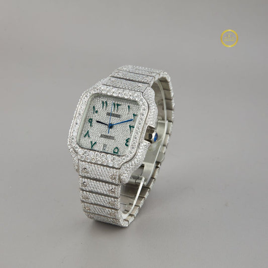 Stunning Diamond Set Luxury Watch with Emerald Green Numerals and Pave Dial Design
