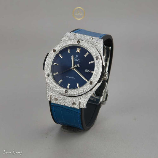 Daring & Refined - Custom Diamond Watch with Contrast Blue Rubber Strap