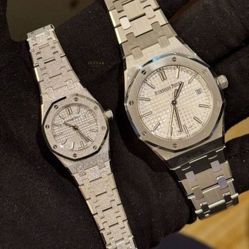 Frosted Royal Duo Luxury Watch Collection His & Hers Ice-Finish Integrated Bracelet Timepieces with Timeless Prestige
