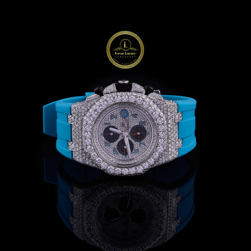 Tiifiny Blue Colour Band With Half Ice Out in Diamond Watch by Ivevar Luxury.