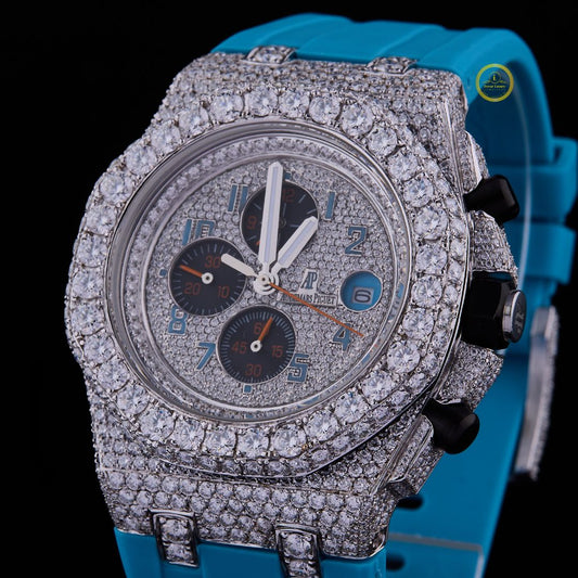 Tiifiny Blue Colour Band With Half Ice Out in Diamond Watch by Ivevar Luxury.
