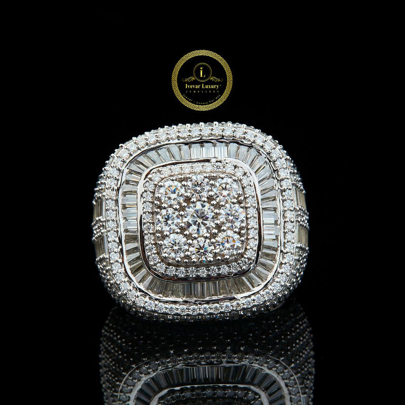 Full Silver Ice Out Round and Baguette Cut Moissanite Diamond HipHop Ring By Ivevar.
