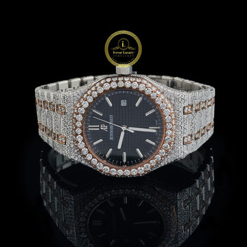 Exquisite Two-Tone Diamond Watch-Encrusted Timepiece with Full Pavé Detailing and Elegant Black Dial