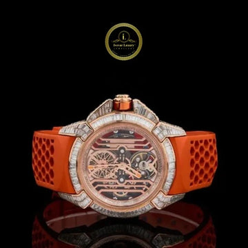 Baguette Diamond Skeleton Round Automatic Watch with Orange Rubber Strap