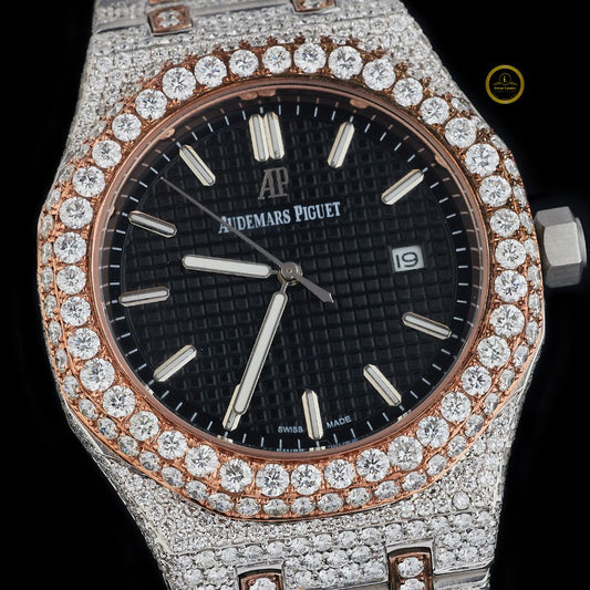 Exquisite Two-Tone Diamond Watch-Encrusted Timepiece with Full Pavé Detailing and Elegant Black Dial