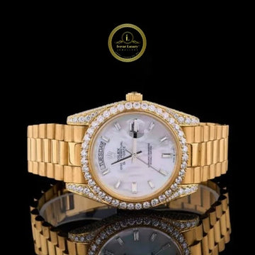 Round Diamond Bezel Automatic Day-Date Watch with Mother of Pearl Diamond Dial