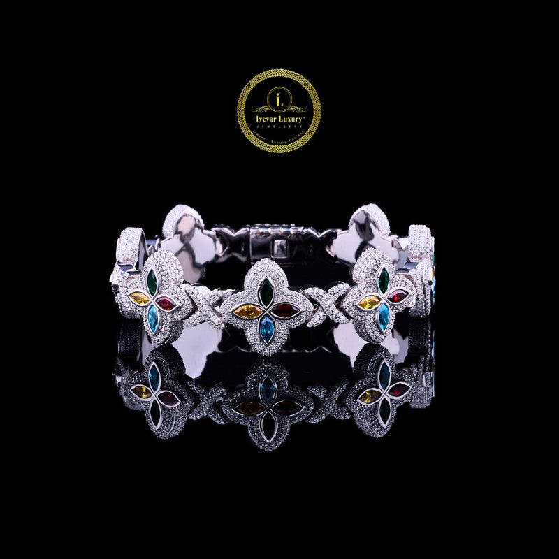 Multicolor Gemstone and Diamond Pave Clover Bracelet in Sterling Silver
