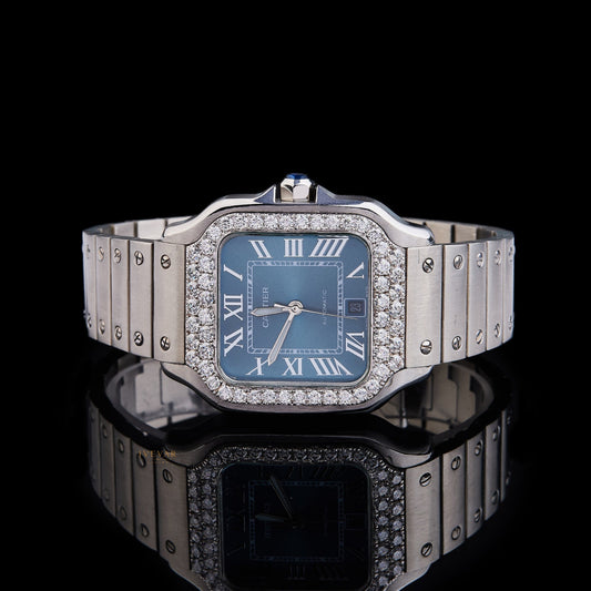 Ivevar Moissanite Diamond Prestige Collection Blue Dial Diamond Bezel And Luxury Steel Timepiece Set