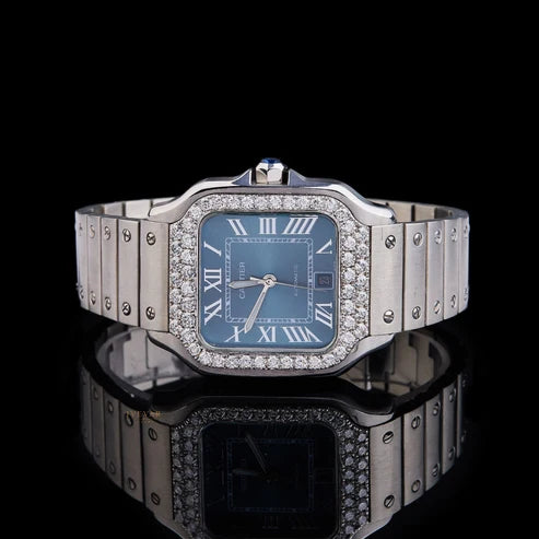 Ivevar Moissanite Diamond Prestige Collection Blue Dial Diamond Bezel And Luxury Steel Timepiece Set