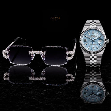 Luxury Pear Cut Moissanite Diamond Sunglasses with Ice Blue Stainless Steel Watch Combo Set By Ivevar