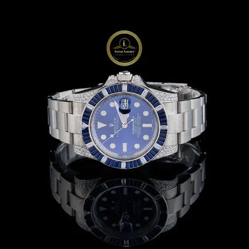 Blue Sapphire Bezel Diver Watch with Blue Dial & Diamond Lugs Oyster Bracelet