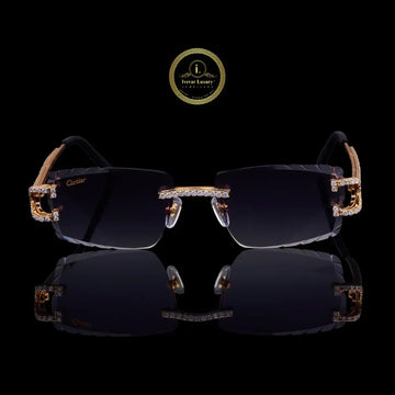 Rose Gold Rimless Diamond Sunglasses with Open-Loop Hinges & Pavé Bridge