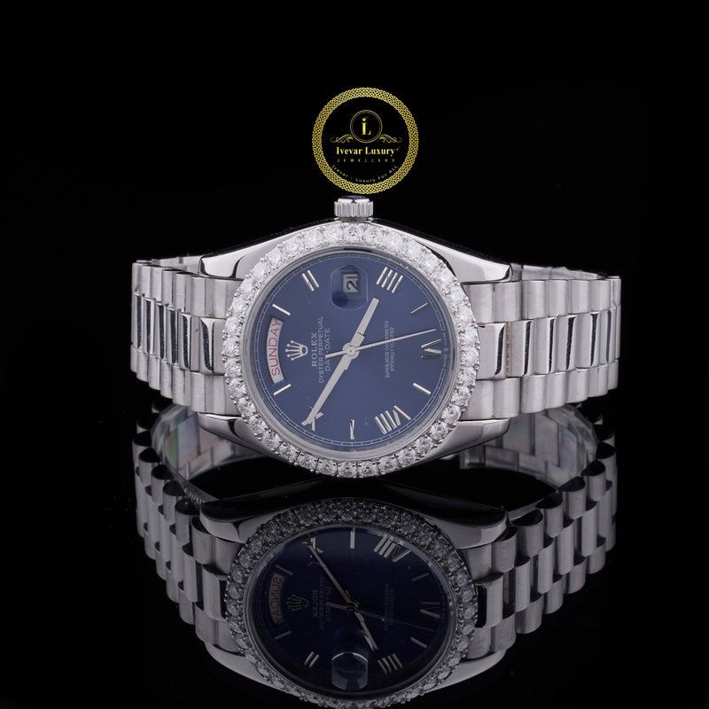 IVEVAR Luxury Men's Diamond Watch – Stainless Steel Quartz Crystal Blue Dial Watch for Elegant Gift