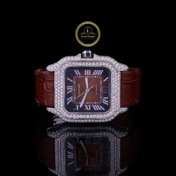 Round Cut Diamond Square Automatic Watch with Brown Roman Numeral Dial and Leather Strap