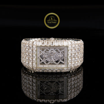Luxury Iced Out Rectangle Skeleton Asscher & Baguette-Cut Diamond Watch White Gold Statement Timepiece