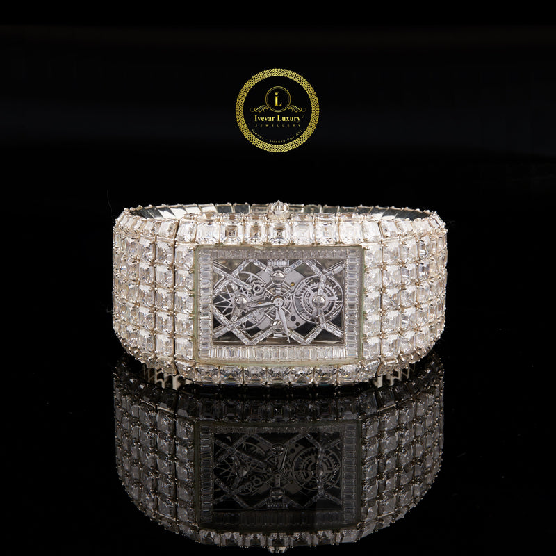 Luxury Iced Out Rectangle Skeleton Asscher & Baguette-Cut Diamond Watch White Gold Statement Timepiece