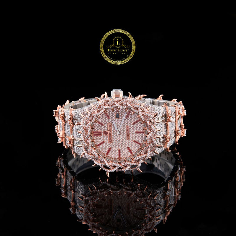 Fully Iced-Out Diamond Luxury Watch with Rose Gold Accents Bold Statement Timepiece for Men