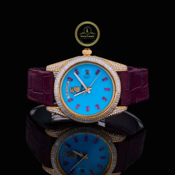 Yellow Gold Day-Date Watch with Turquoise Dial Baguette Diamond Bezel & Burgundy Leather Strap