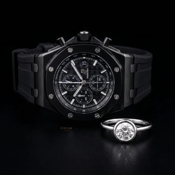 Timeless Elegance Duo Black Luxury Watch And Round Cut Moissanite Diamond Solitaire Ring