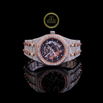 Fully Iced-Out Diamond Watch Skeleton Luxury Watch with Rose Gold Accents  Bold Statement Timepiece for Men