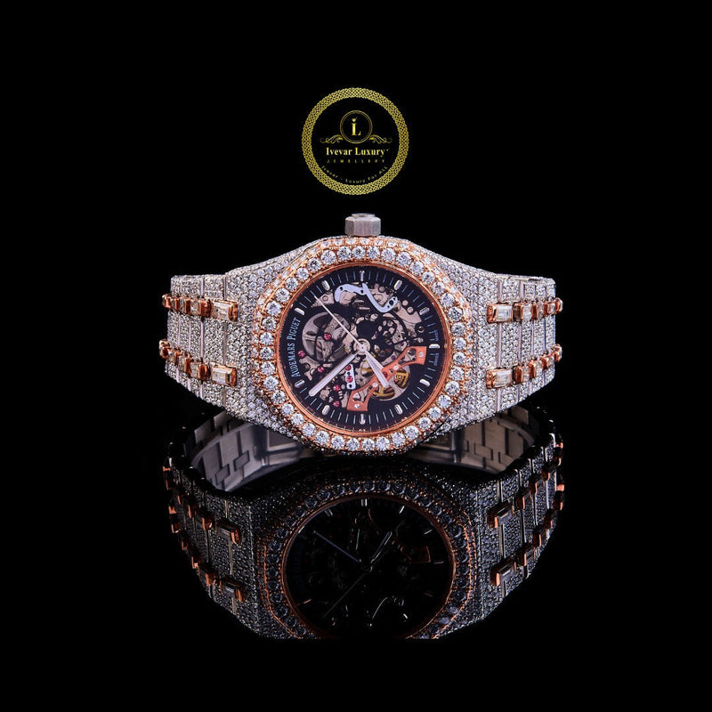 Fully Iced-Out Diamond Watch Skeleton Luxury Watch with Rose Gold Accents  Bold Statement Timepiece for Men