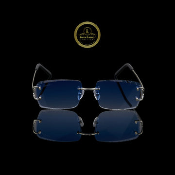 Silver Rimless Rectangular Sunglasses with Deep Blue Gradient Crystal-Cut Lenses