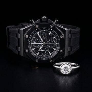 Timeless Elegance Duo Black Luxury Watch And Round Cut Moissanite Diamond Solitaire Ring