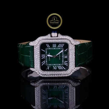 Round Cut Diamond Square Automatic Watch with Green Roman Numeral Dial and Leather Strap