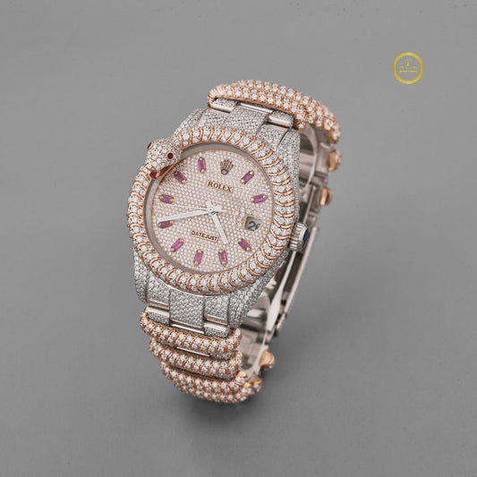 Exquisite Two-Tone Iced-Out Luxury Diamond Watch with Ruby Accents and Snake-Inspired Design