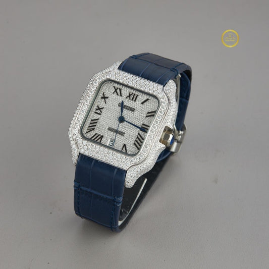 Elegant Diamond-Set Square Luxury Watch with Blue Leather Strap and Roman Numeral Dial