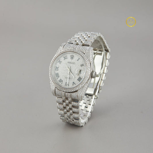 Luxury All-Silver Diamond Watch Timepiece with Paved Dial and Roman Markers For Him