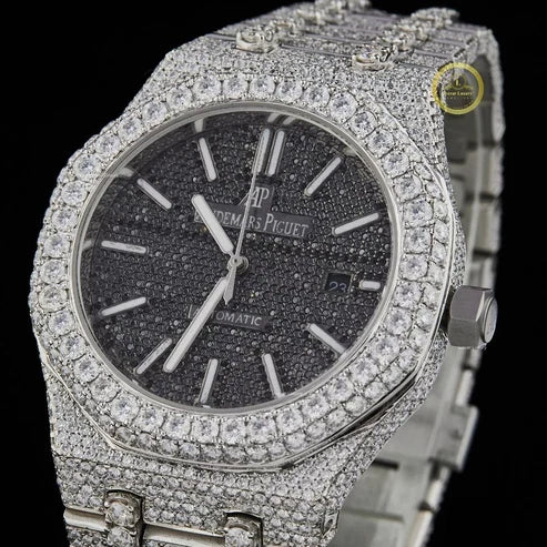 Full Iced Out Round Cut Diamond Octagonal Black Pavé Dial Watch with Double Row Diamond Bezel