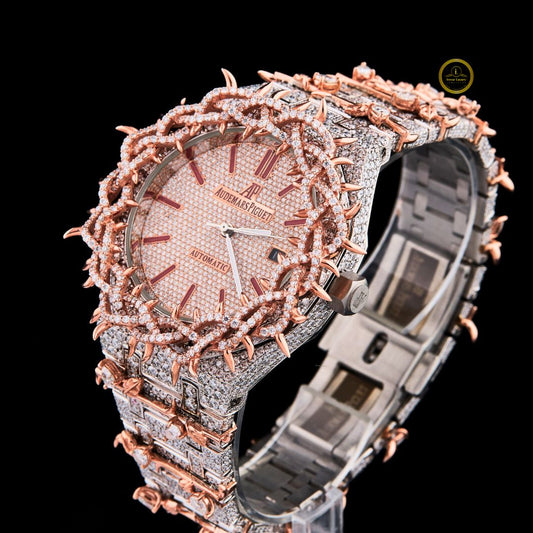 Fully Iced-Out Diamond Luxury Watch with Rose Gold Accents Bold Statement Timepiece for Men