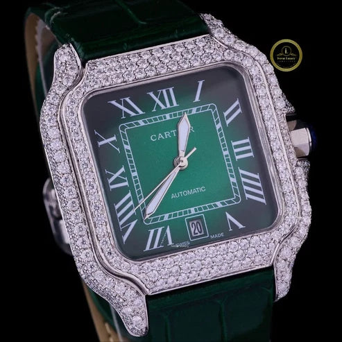 Round Cut Diamond Square Automatic Watch with Green Roman Numeral Dial and Leather Strap