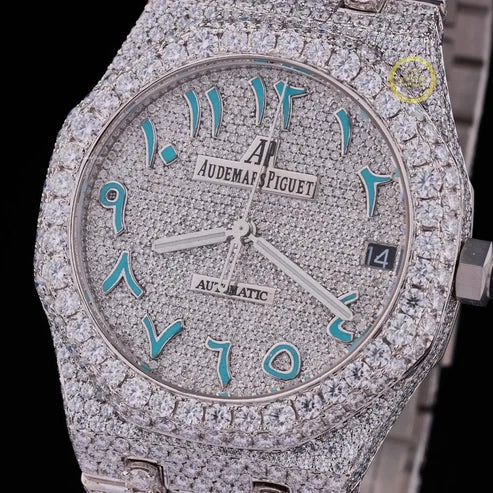 Full Iced Out Round Cut Diamond Octagonal Watch with Blue Arabic Numeral Pavé Dial