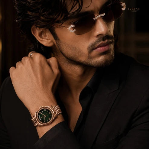 Executive Gold Timepiece And Crystal Accent Sunglasses For Men's Collection By Ivevar