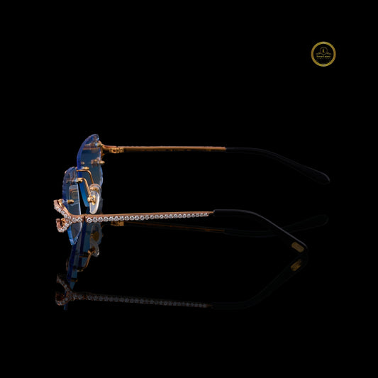 Iced Out Custom Diamond Sunglasses with Blue Rimless Lenses
