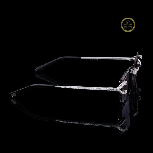 Rimless Rectangular Diamond Sunglasses with Round Pave Hinges & Diamond Bridge