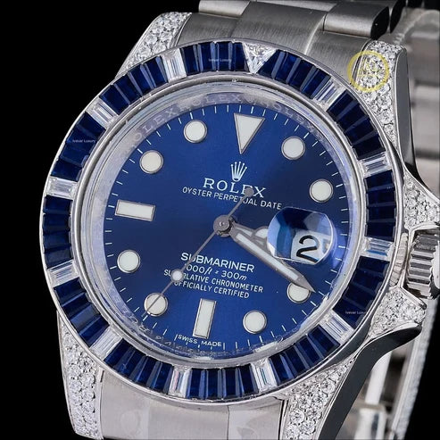 Blue Sapphire Bezel Diver Watch with Blue Dial & Diamond Lugs Oyster Bracelet