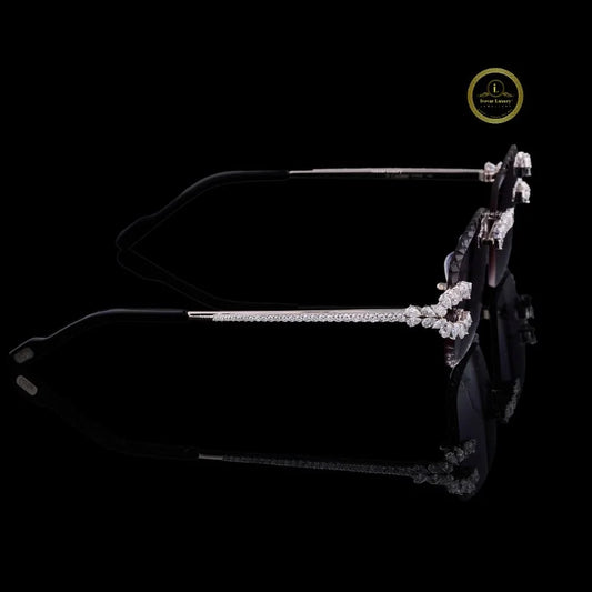 Rimless Black Gradient Diamond Sunglasses with Floral Pear Bridge & Open-Loop Hinges