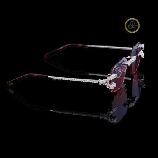 Rimless Purple Gradient Diamond Sunglasses with Floral Bridge & Open-Loop Hinges