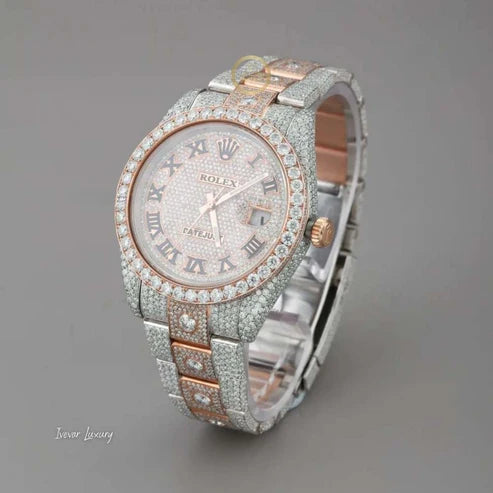 Full Iced Out Two-Tone Day-Date Watch with Black Roman Diamond Dial