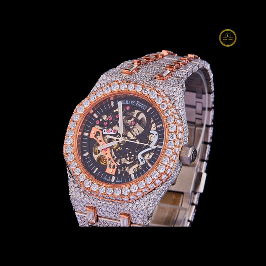 Fully Iced-Out Diamond Watch Skeleton Luxury Watch with Rose Gold Accents  Bold Statement Timepiece for Men