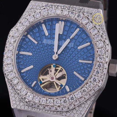 Custom Diamond-Encrusted Tourbillon Watch with Ice Blue Patterned Dial