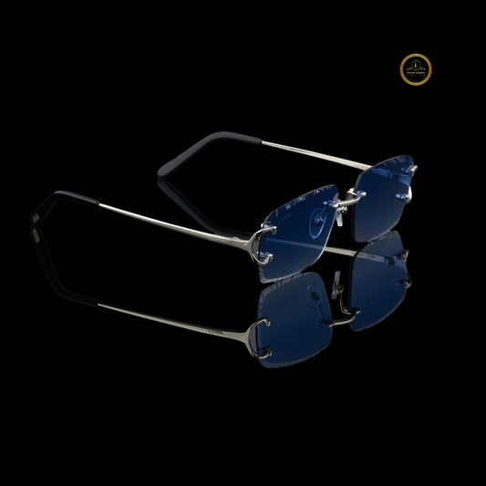 Silver Rimless Rectangular Sunglasses with Deep Blue Gradient Crystal-Cut Lenses
