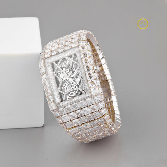 Luxury Iced Out Rectangle Skeleton Asscher & Baguette-Cut Diamond Watch White Gold Statement Timepiece