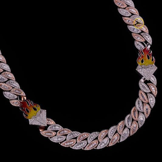Fully Iced-Out With Fire Logo Custom Cuban Link Chain with Moissanite Diamond by Ivevar.